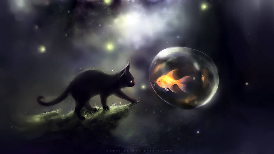 Cat Art Kitten And Gold Fish Wallpaper