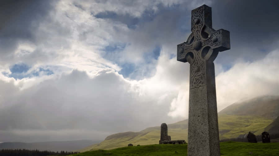 Celtic Cross In Scenic Landscape Wallpaper