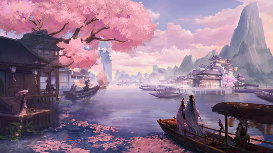 Cherry Blossom Riverside Anime Scene Wallpaper