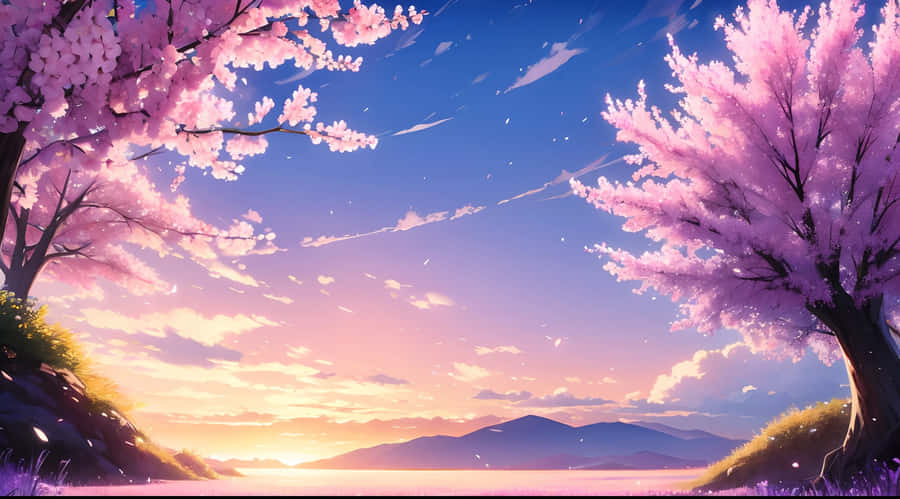 Cherry Blossom Sunset Anime Scenery Wallpaper