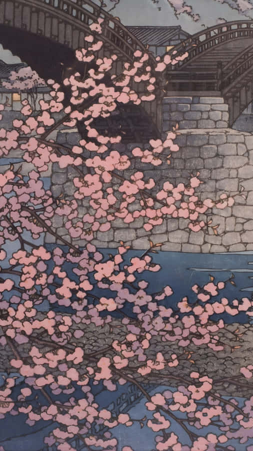 Cherry Blossoms Near Stone Bridge Wallpaper