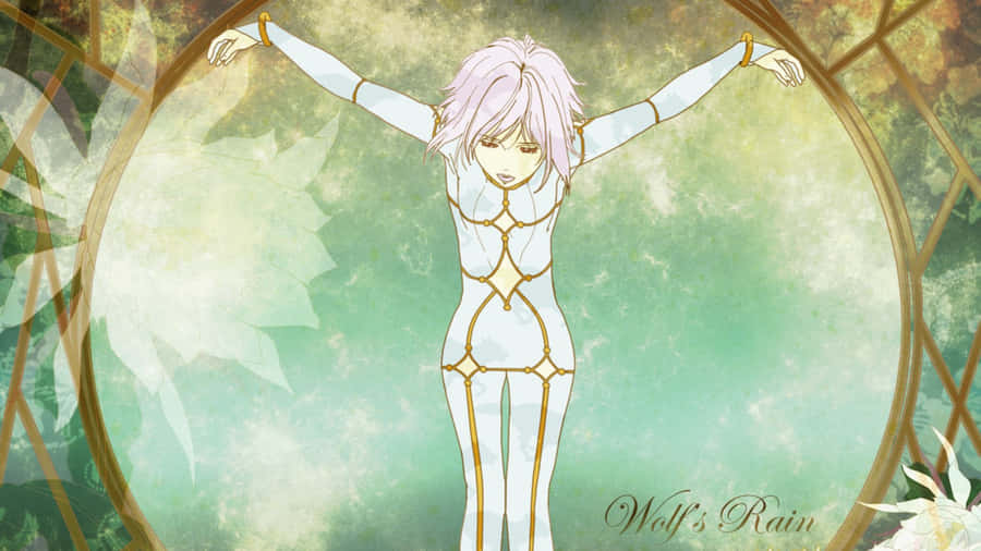 Cheza, The Flower Maiden From Wolf's Rain Embracing A Wolf In A Magical Forest. Wallpaper