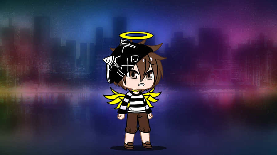 Chibi Style Angel Character Cityscape Background Wallpaper