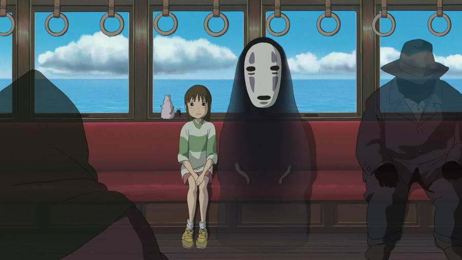 Chihiro Traversing The Spirit World With Her No-face Companion Wallpaper