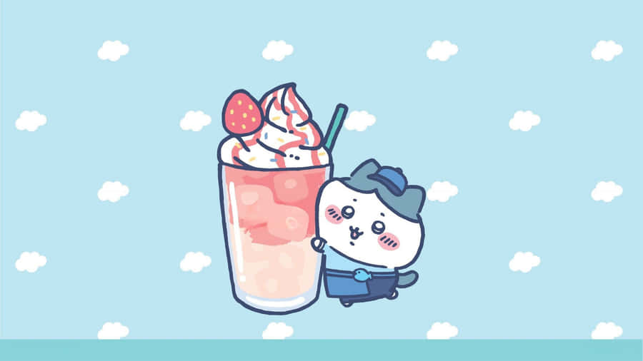 Chiikawa With Strawberry Drink Wallpaper