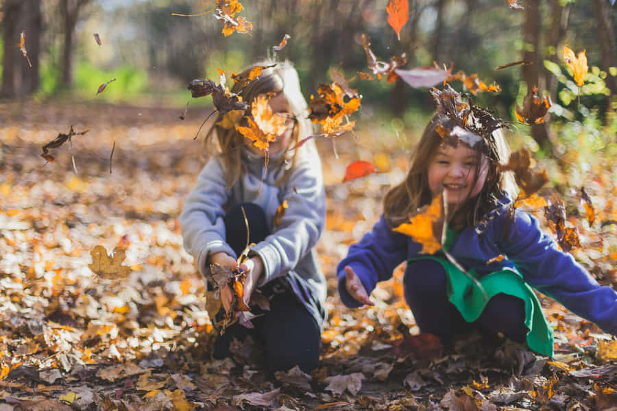 Children Playingwith Autumn Leaves Wallpaper