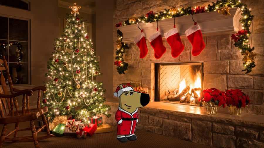 Chill Guy Christmas Cozy Fireplace Wallpaper