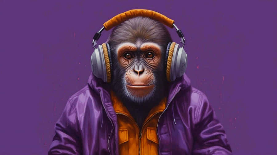 Chimpanzeein Purple Hoodiewith Headphones Wallpaper