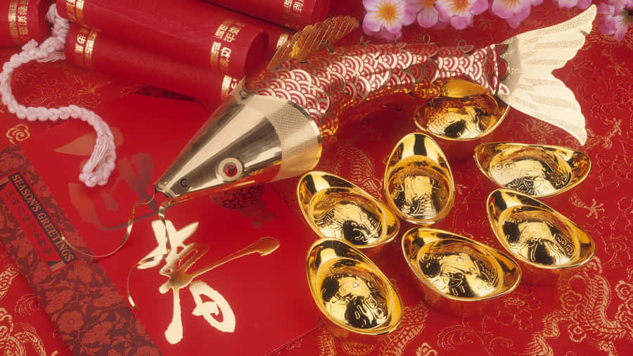 Chinese Gold Ingots And Firecrackers Wallpaper