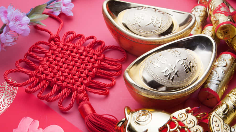 Chinese Gold Ingots With Red Knot Wallpaper