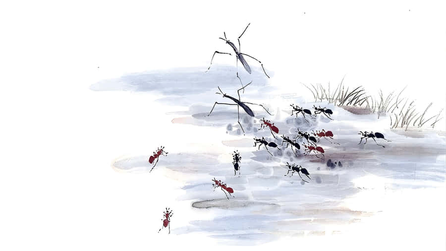 Chinese Watercolor Ants Art Wallpaper