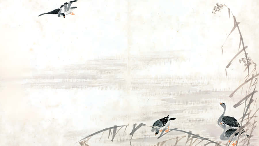 Chinese Watercolor Birds Scene Wallpaper