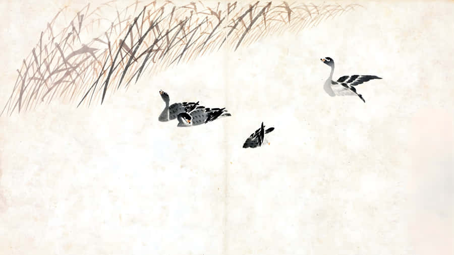 Chinese Watercolor Ducks Wallpaper