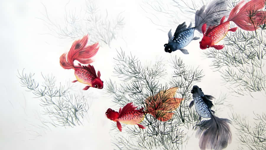 Chinese Watercolor Koi Fish Wallpaper