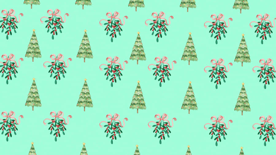 Christmas Bow And Tree Pattern Wallpaper