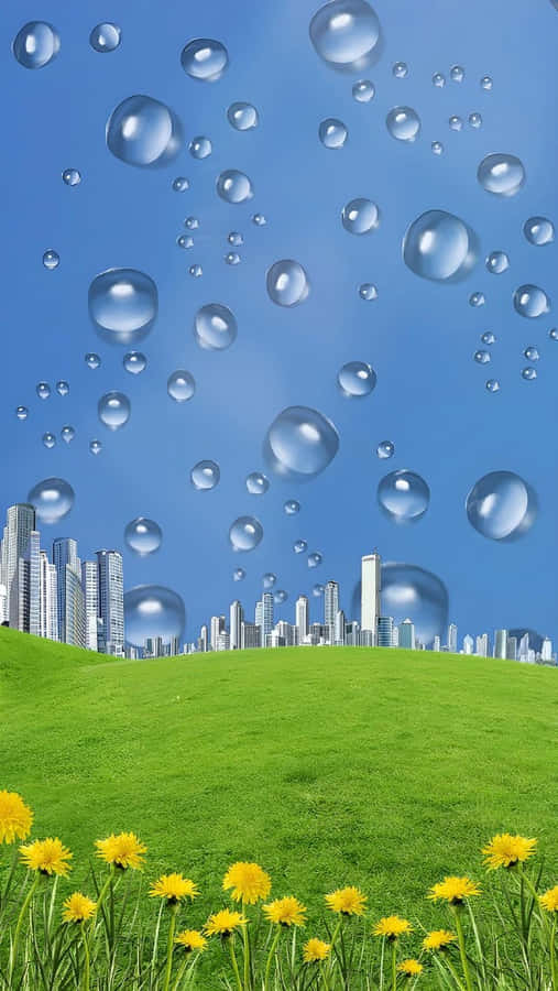 Cityscape Bubbles Over Green Meadow.jpg Wallpaper
