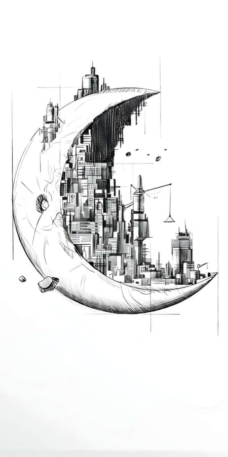Cityscape On Crescent Moon Wallpaper
