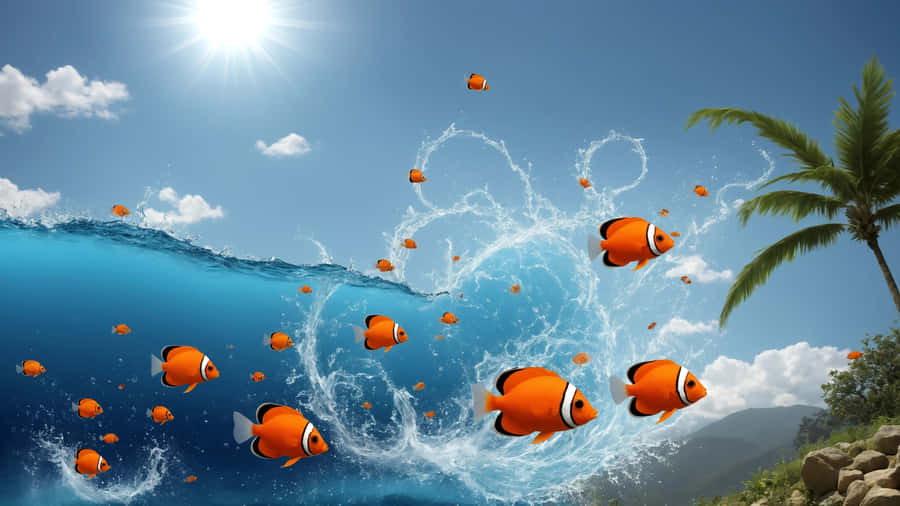 Clownfish Leap Over Water Wallpaper