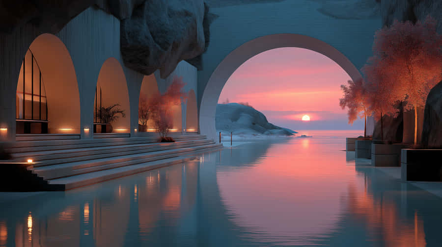 Coastal Architecture With Reflective Pool And Sunset Vista Wallpaper