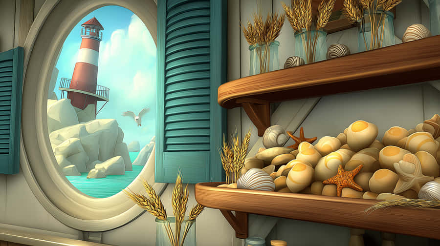 Coastal Room Decor With Lighthouse And Ocean View Through Window Wallpaper