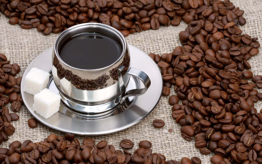 Coffee Cupand Beanson Burlap Wallpaper