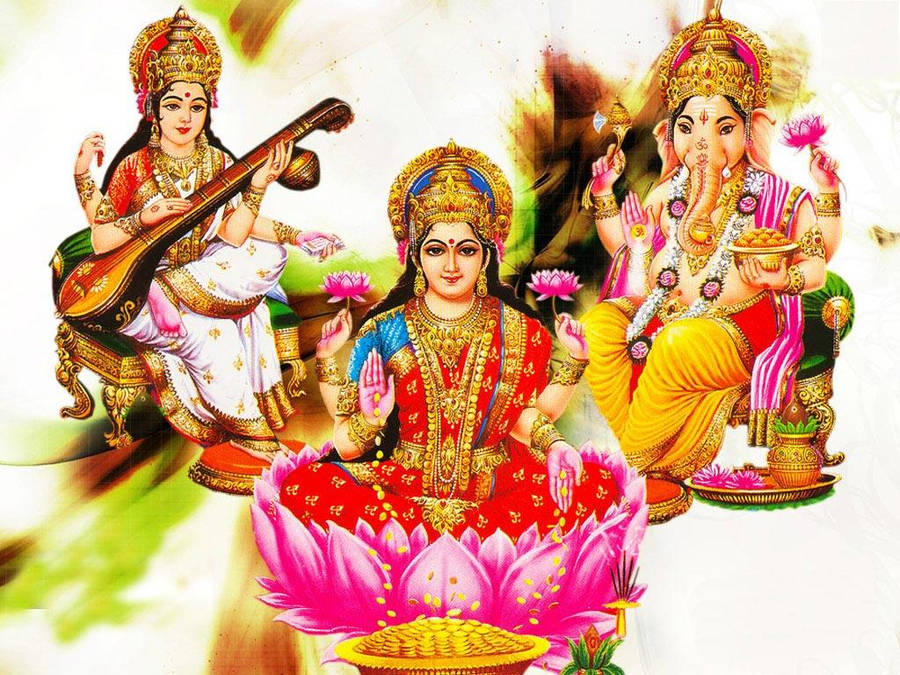 Colorful Artistic Representation Of Laxmi, Ganesh, And Saraswati Wallpaper