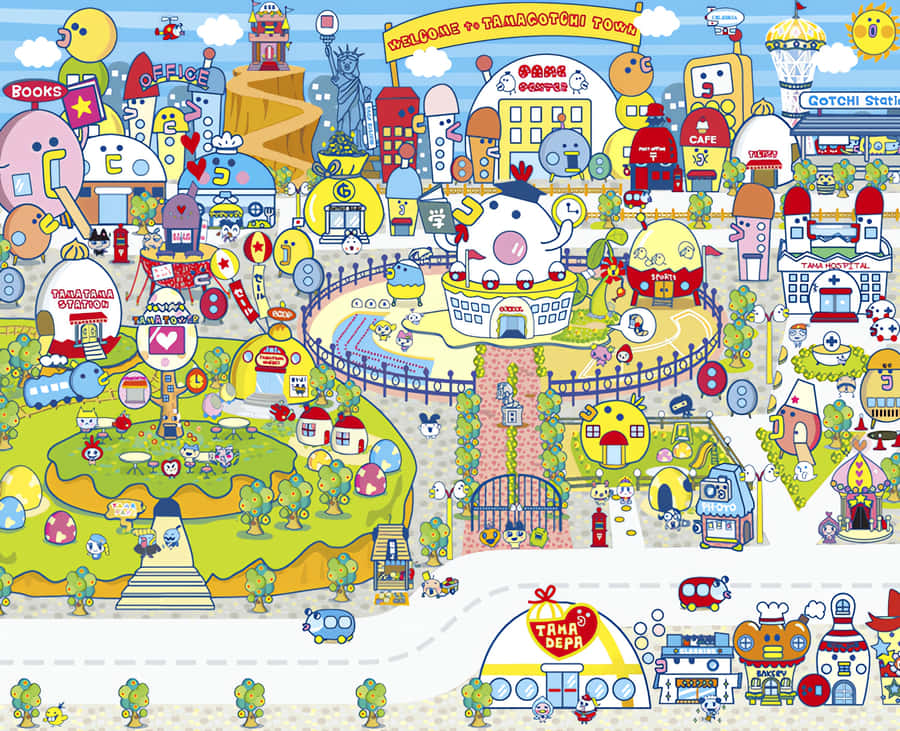 Colorful Tamagotchi Town Illustration Wallpaper
