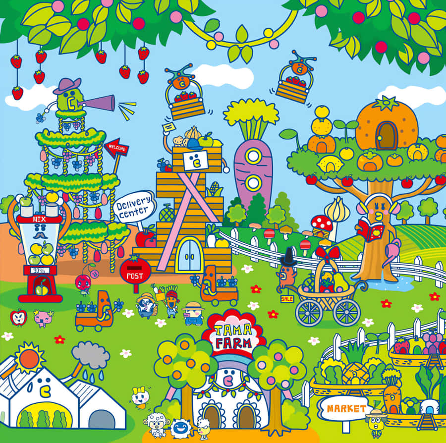 Colorful Tamagotchi Village Illustration Wallpaper