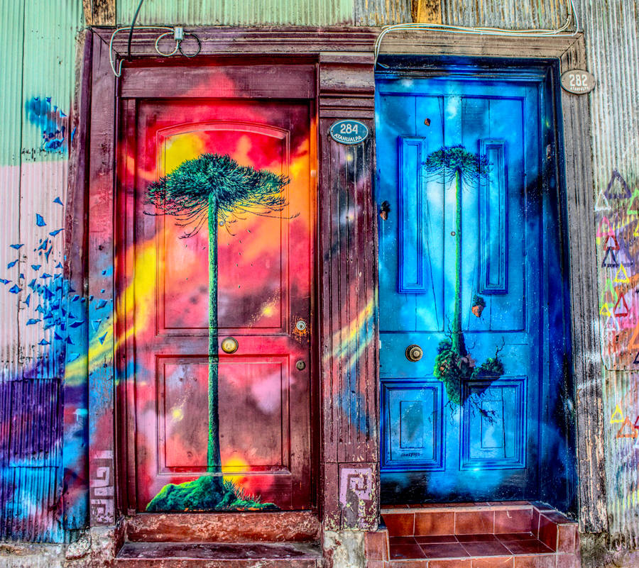 Colorful Tree Doors Street Art Wallpaper