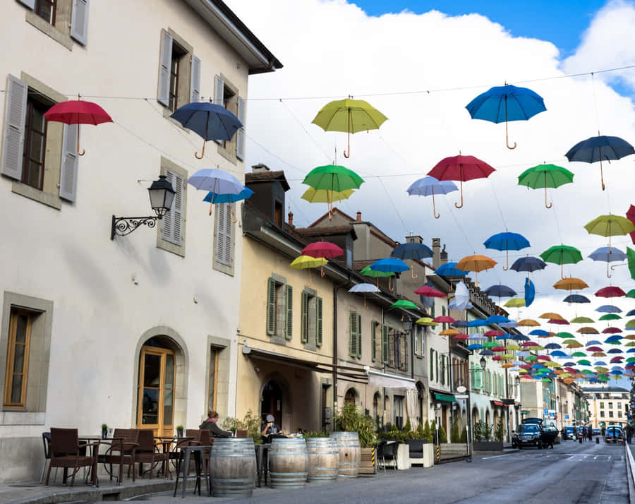 Colorful Umbrellas Street Carouge Wallpaper