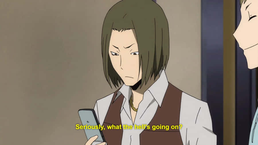Confused Anime Characterwith Phone Wallpaper