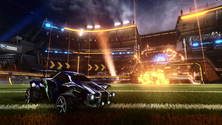Cool Rocket League Blue Car In Arena Wallpaper
