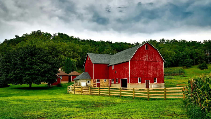 Country Farm Red Barn Wallpaper