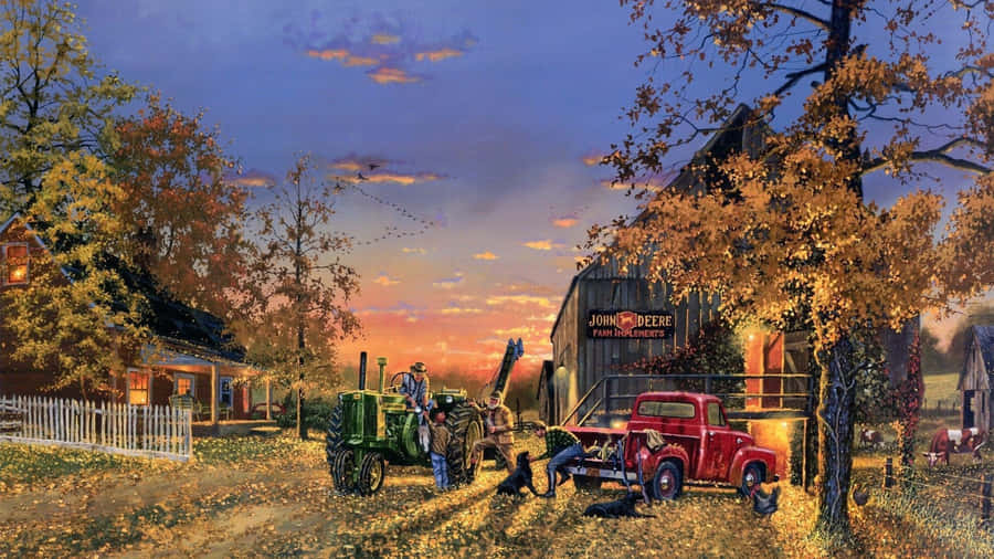 Country Farm Sunset Scene Wallpaper