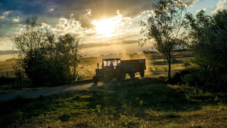 Country Farm Tractor Sunset Wallpaper