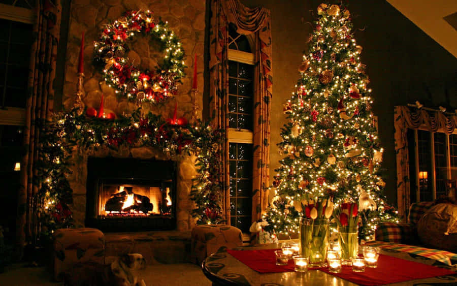 Cozy Christmas Fireplace Big Tree Wallpaper