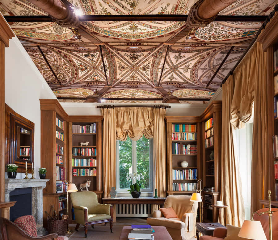 Cozy Home Library In A Living Room Wallpaper