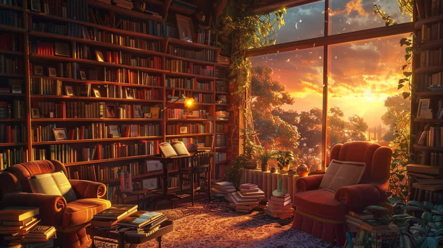 Cozy Home Libraryat Sunset Wallpaper