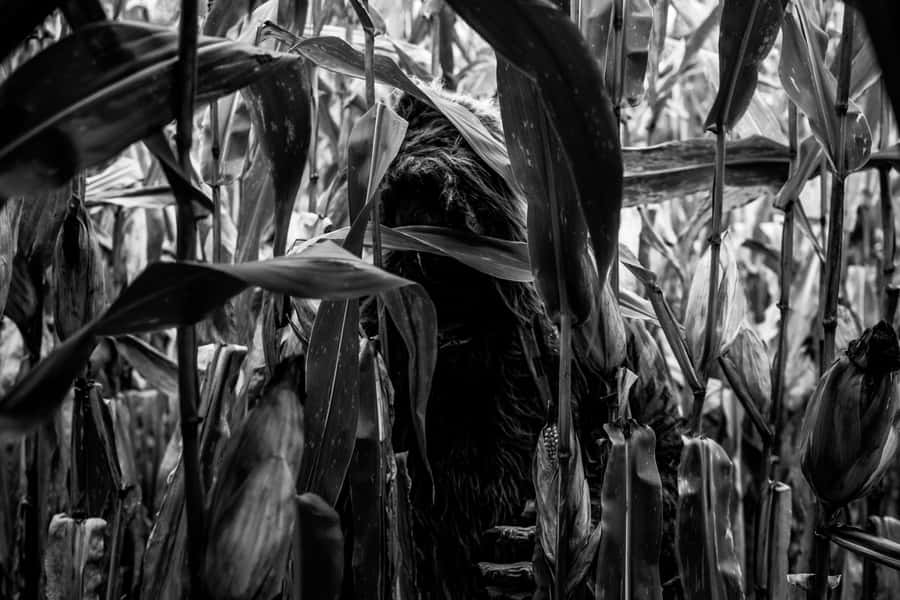 Creepy Figure Hidingin Cornfield Wallpaper