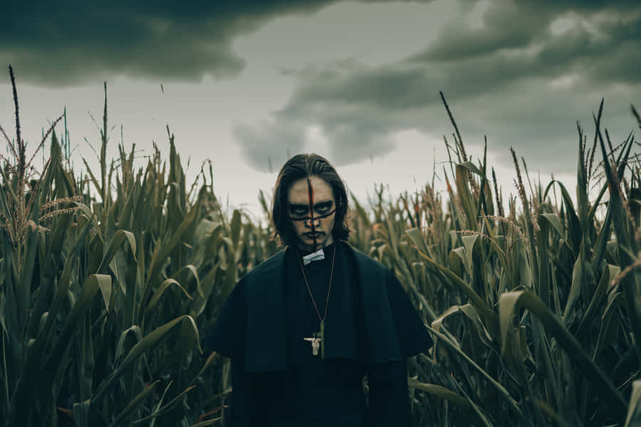 Creepy_ Priest_in_ Cornfield Wallpaper