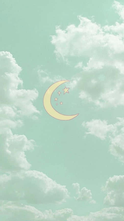 Crescent Moonand Stars Green Sky Wallpaper