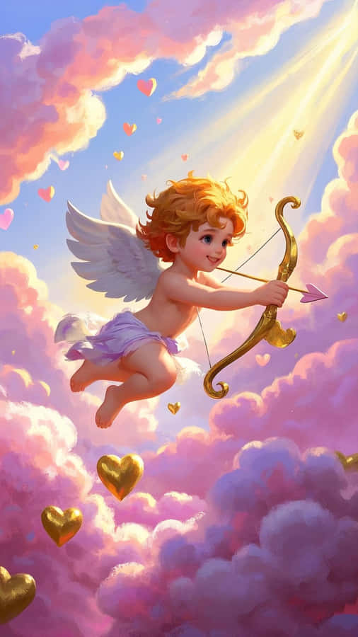 Cupid Flying Through Dreamy Pink Clouds With Golden Light Wallpaper