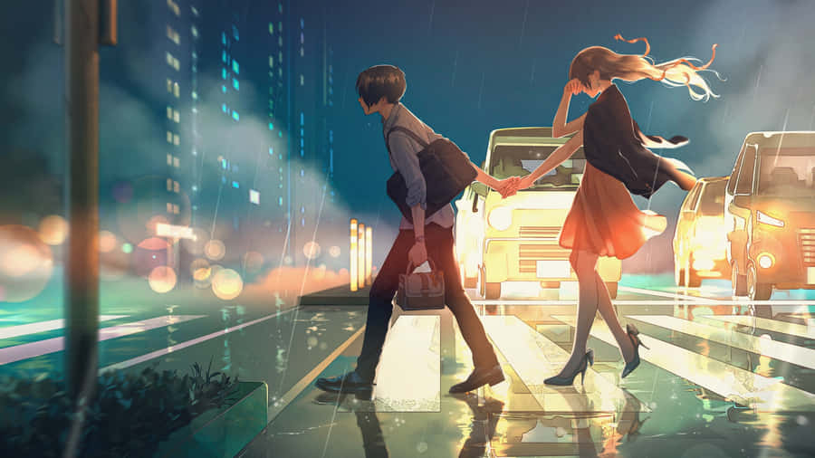 Cute Anime Couple Crossing Street Wallpaper
