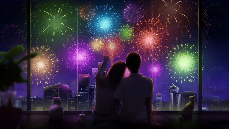 Cute Anime Couple Fireworks Wallpaper