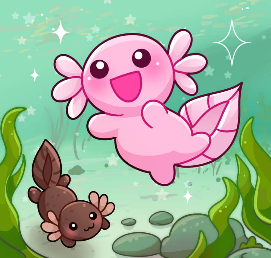 Cute Axolotl Animals In Pink And Gray Chibi Art Wallpaper