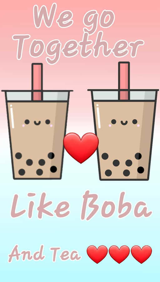 Cute Boba Couple With Red Hearts Wallpaper