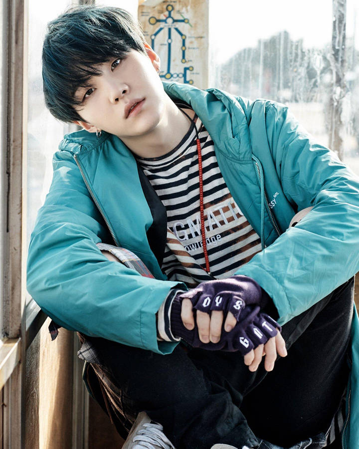 Cute Bts Suga In Blue Wallpaper