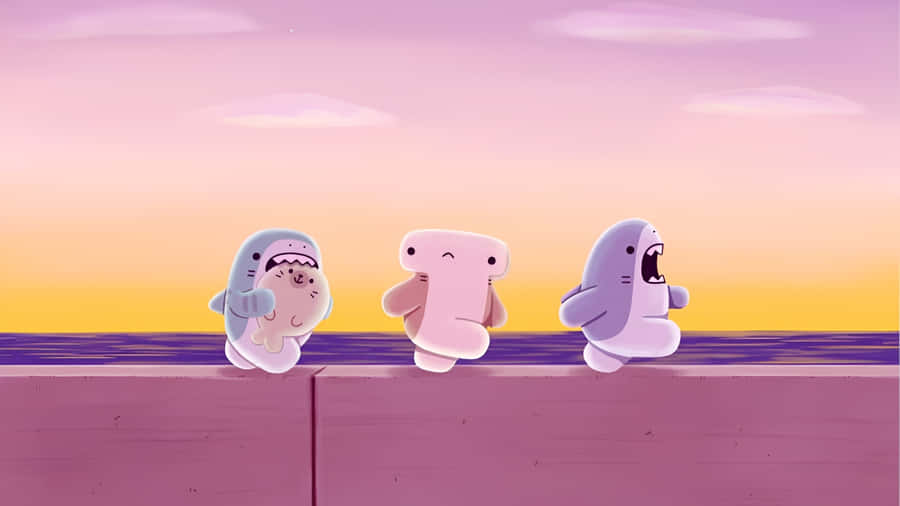 Cute Cartoon Sharks At Sunset Wallpaper