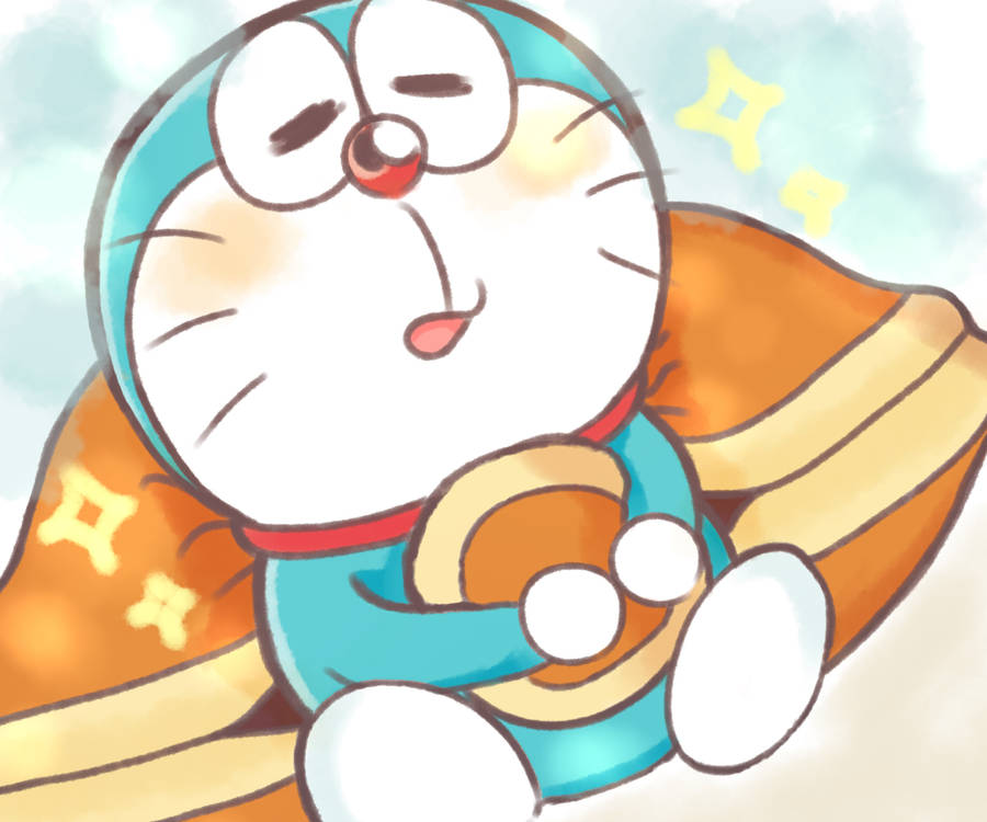 Cute Doraemon Leaning On Big Pillow Wallpaper