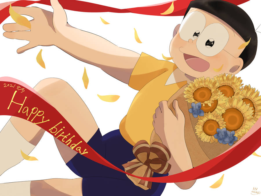 Cute Doraemon Nobita Sunflowers Wallpaper